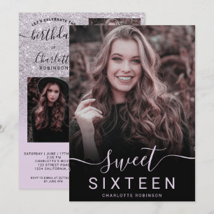 Lavender Lila glitter ombre 5 foton söta 16 Inbjudningar
