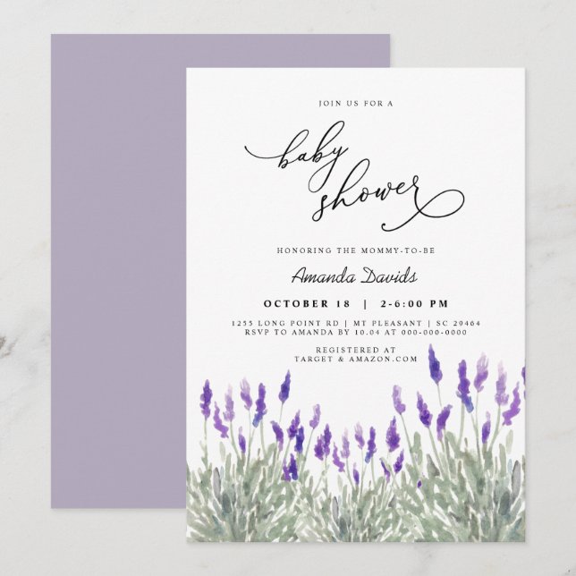 Lavender Lila Greenery Gender Neutral Baby Shower Inbjudningar (Fram/baksida)