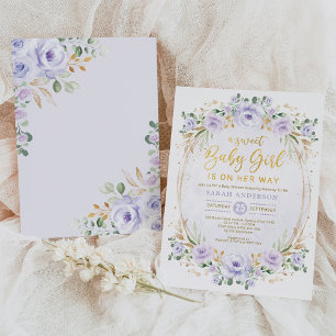 Lavender Lila Guld Blommigt Flicka Shower Inbjudningar