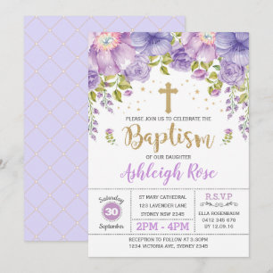 Lavender Lila Guld Blommigt Flickan Baptism Inbjudningar