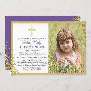 Lavender Lila Guld First Heliga Communion Photo Inbjudningar