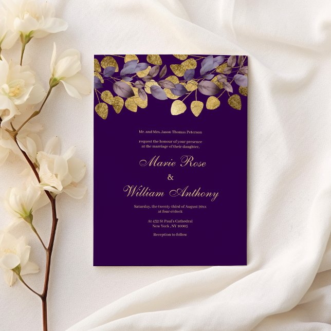 Lavender lila guld folie blommigt Bröllop Inbjudningar (Lavender purple gold foliage floral Wedding )