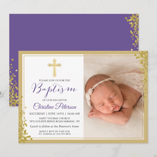 Lavender Lila Guld Glitter Baptism Photo Inbjudningar (Fram/baksida)