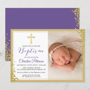 Lavender Lila Guld Glitter Baptism Photo Inbjudningar
