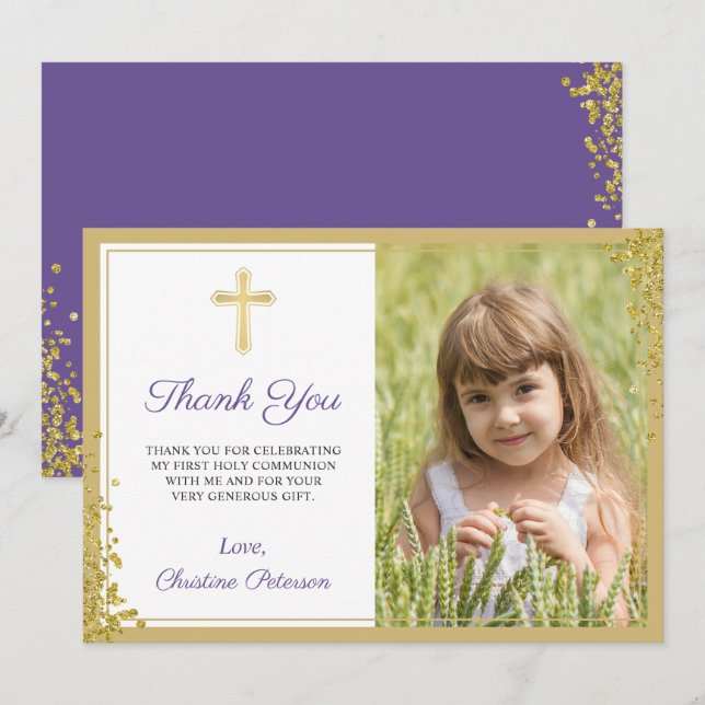Lavender Lila Guld Glitter Första Heligan kommune Tack Kort (Fram/baksida)