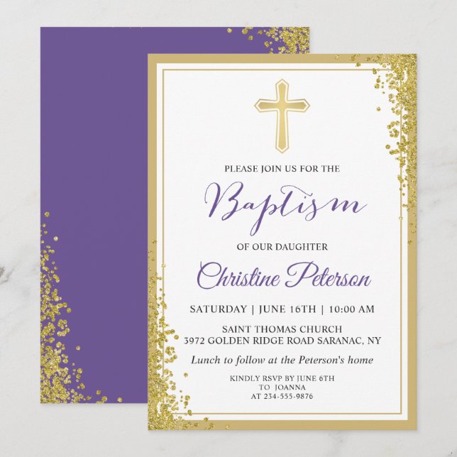 Lavender Lila Guld Glitter Girl Girl Baptism Inbjudningar (Fram/baksida)