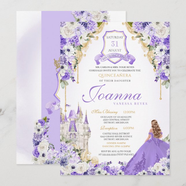 Lavender Lila Guld Royal Princess Castle Quince Inbjudningar (Fram/baksida)
