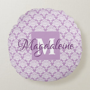 Lavender Lila Lacy Damask Chic Monogram & Namn Rund Kudde