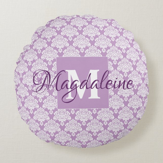 Lavender Lila Lacy Damask Chic Monogram & Namn Rund Kudde (Framsidan)