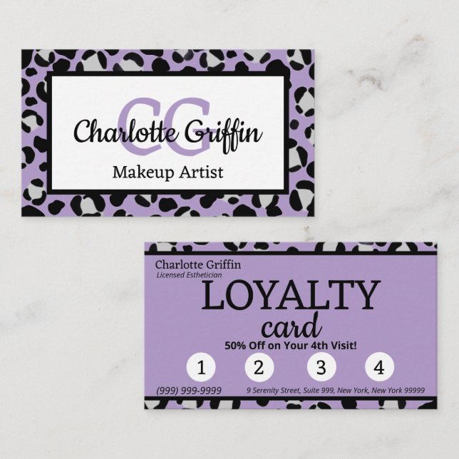 Lavender Lila Leopard Print Lash Makeup Lojalty Visitkort (Fram/baksida)