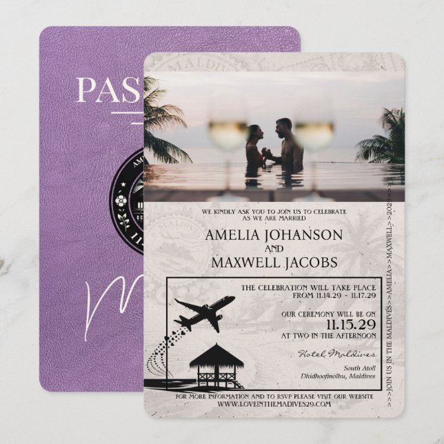 Lavender Lila Maldives Passport Bröllop Inbjudningar (Fram/baksida)