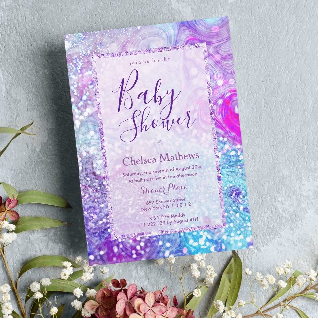 Lavender lila marble glitter Baby Shower Inbjudningar (Lavender teal purple marble glitter Baby Shower Invitation )