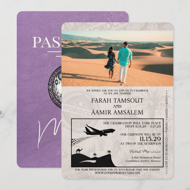 Lavender Lila Marocko Passport Bröllop Inbjudningar (Fram/baksida)