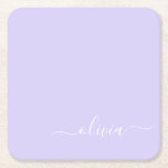Lavender Lila Modern Script Girly Monogram Namn Underlägg Papper Kvadrat<br><div class="desc">Lavender Lila Simple Script Monogram Namn Pappra Underlägg. Det gör perfekt studenten,  födelsedag,  bröllop,  möhippa,  årsdag,  babydusch eller bachelorette-fest till någon som glam lyx och chic stilar.</div>