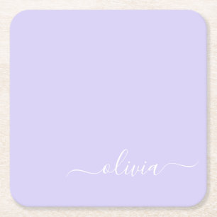 Lavender Lila Modern Script Girly Monogram Namn Underlägg Papper Kvadrat