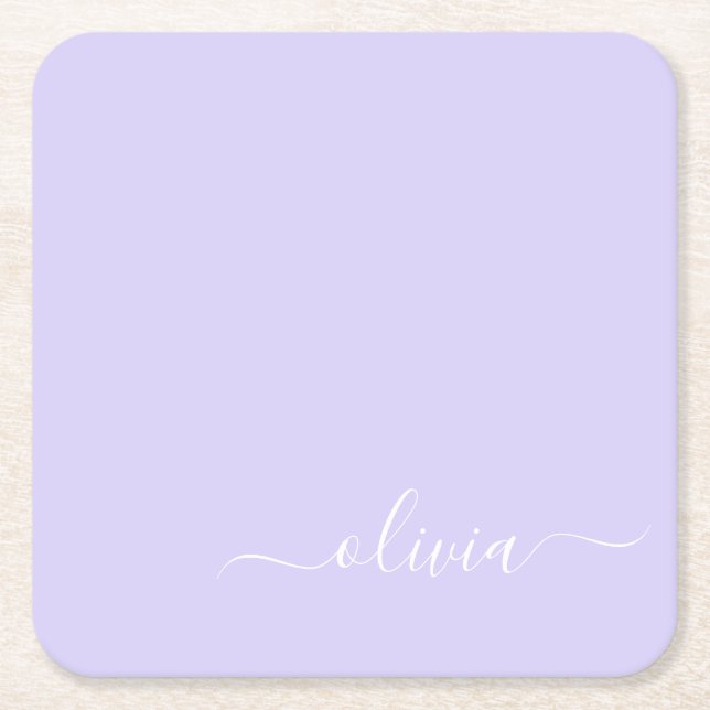 Lavender Lila Modern Script Girly Monogram Namn Underlägg Papper Kvadrat (Framsidan)