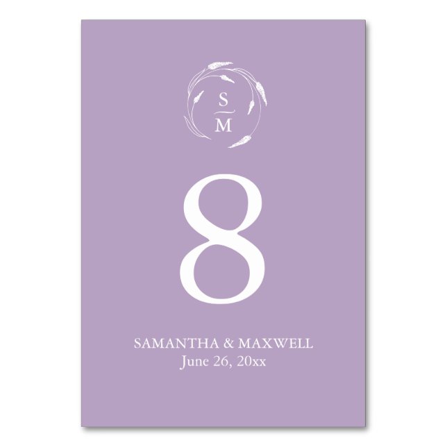 Lavender Lila Monogram Bröllop Bordsnummer Card (Framsidan)