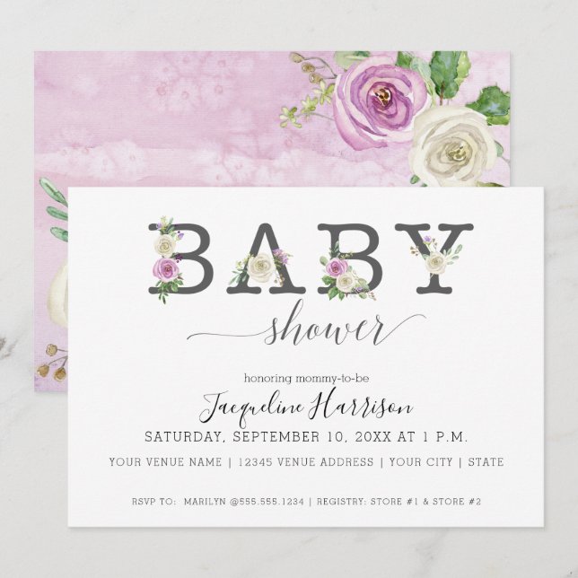 Lavender Lila n White Blommigts | Baby Shower Inbjudningar (Fram/baksida)