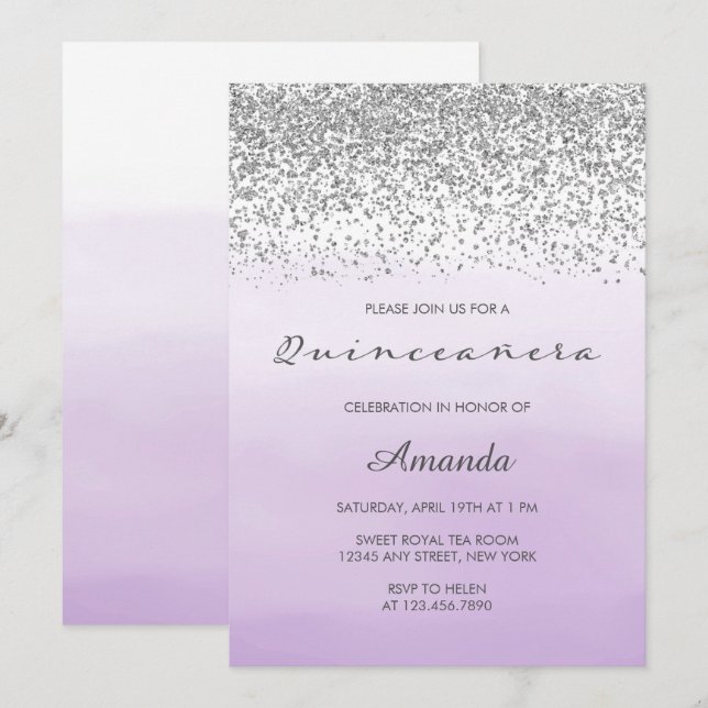 Lavender Lila och Silver Sweet 15 Quinceañera Inbjudningar (Fram/baksida)