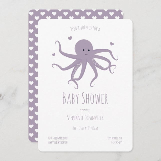 Lavender Lila Octopus Hearts Tecknad Baby Shower Inbjudningar (Fram/baksida)