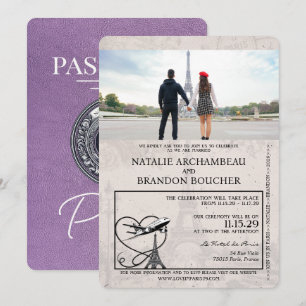 Lavender Lila Paris Passport Bröllop Inbjudningar