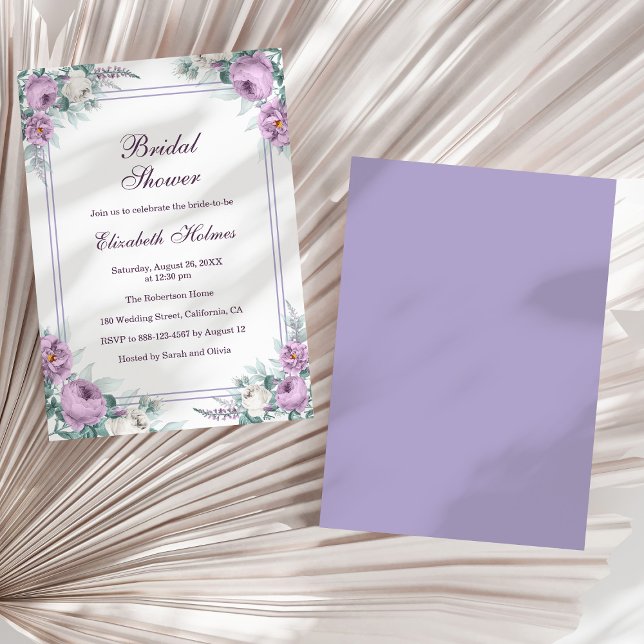Lavender Lila Peonies Inbjudningskort för möhippan (Lavender Purple Peonies Bridal Shower Invitation on a sunny white dry palm leaf.)