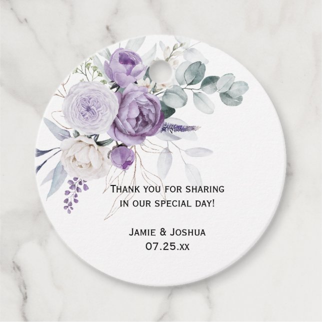 Lavender Lila Peonies Vit ros Bröllop Gåvor Etiketter (Framsida)