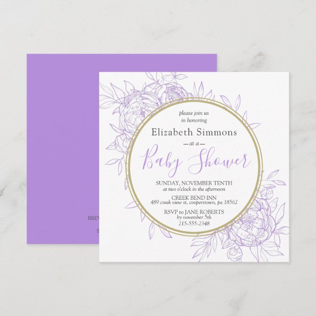 Lavender Lila Peony Blommigt Toile Baby Shower Inbjudningar (Fram/baksida)