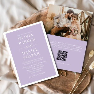 Lavender Lila QR-kod Fotominimalist Bröllop Inbjudningar