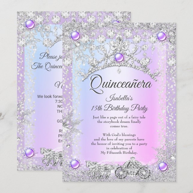 Lavender lila Quinceanera 15:e Winter Carriage Inbjudningar (Fram/baksida)