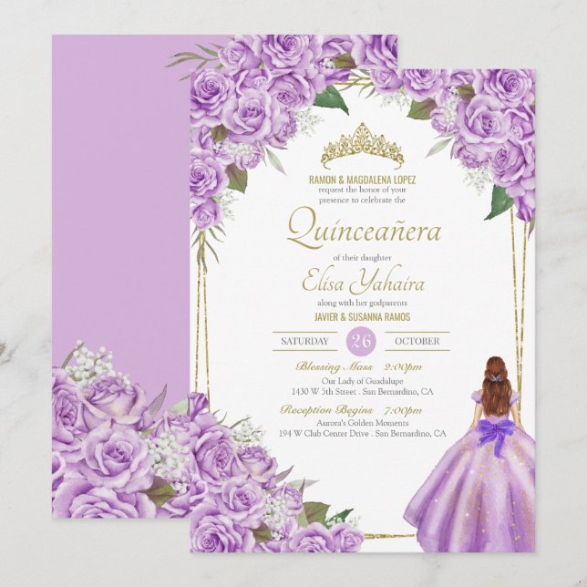 Lavender Lila Quinceanera Elegant Ro Blommigt Inbjudningar (Fram/baksida)