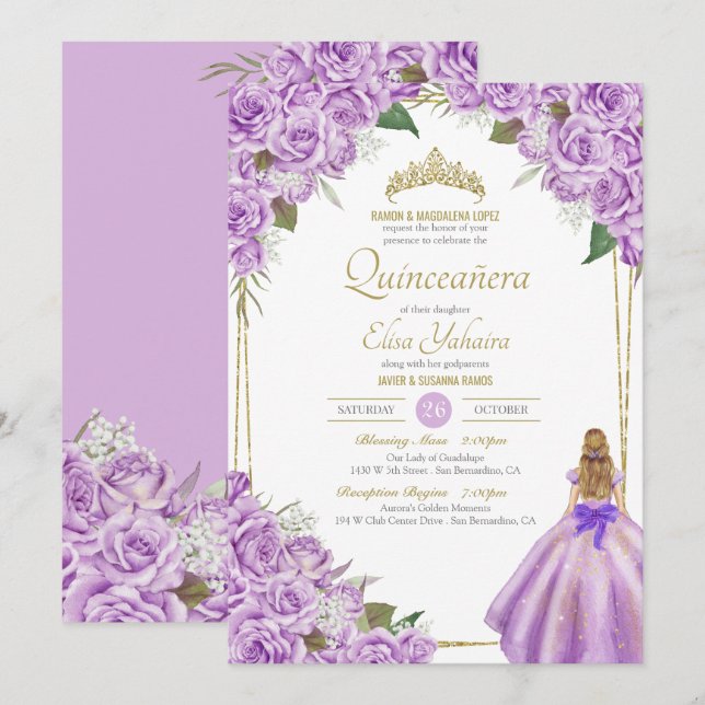 Lavender Lila Quinceanera Elegant Ro Blommigt Inbjudningar (Fram/baksida)
