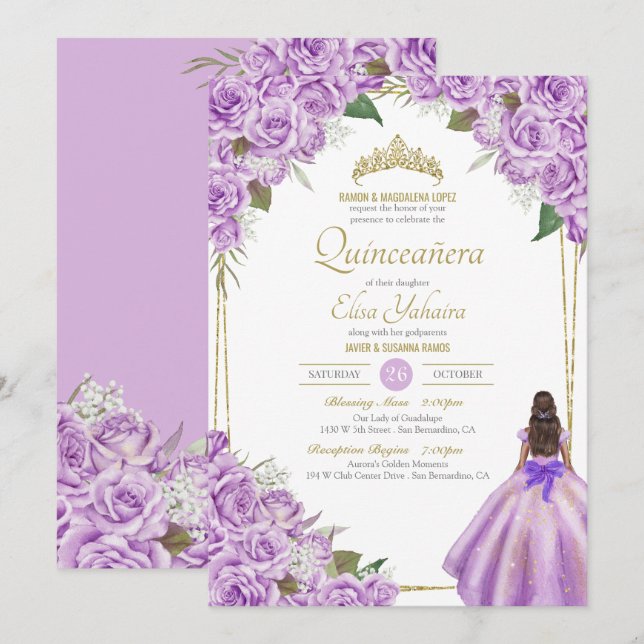 Lavender Lila Quinceanera Elegant Ro Blommigt Inbjudningar (Fram/baksida)