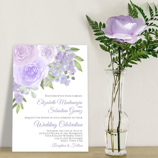 Lavender Lila Ro & Blommar Elegant bröllop Inbjudningar (Skapare uppladdad)