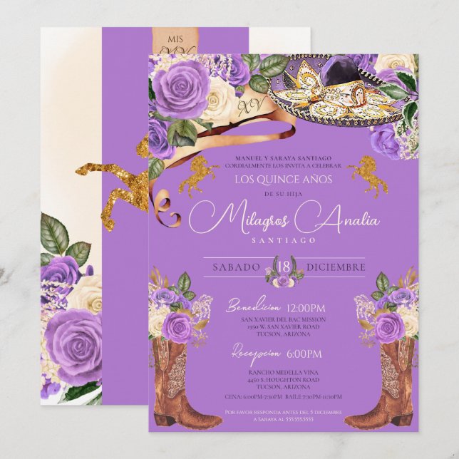 Lavender Lila Ro Finare Charra Quinceanera Inbjudningar (Fram/baksida)