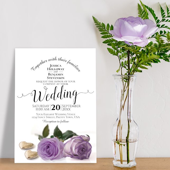 Lavender Lila Ro med Hearts Elegant bröllop Inbjudningar (Skapare uppladdad)