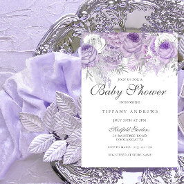 Lavender Lila Silver Blommigt Baby Shower Inbjudan