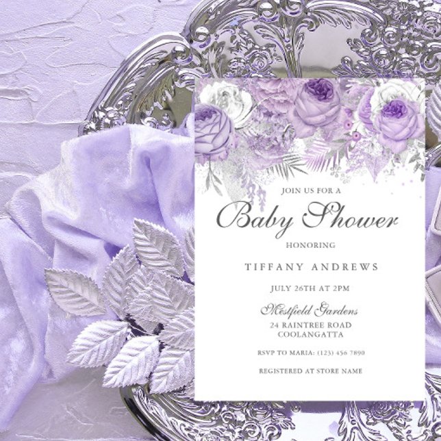 Lavender Lila Silver Blommigt Baby Shower Inbjudan (Skapare uppladdad)