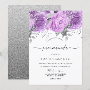 Lavender Lila Silver Blommigt Gnistra Quinceanera Inbjudningar