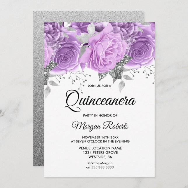 Lavender Lila Silver Blommigt Gnistra Quinceanera Inbjudningar (Fram/baksida)