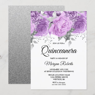 Lavender Lila Silver Blommigt Gnistra Quinceanera Inbjudningar