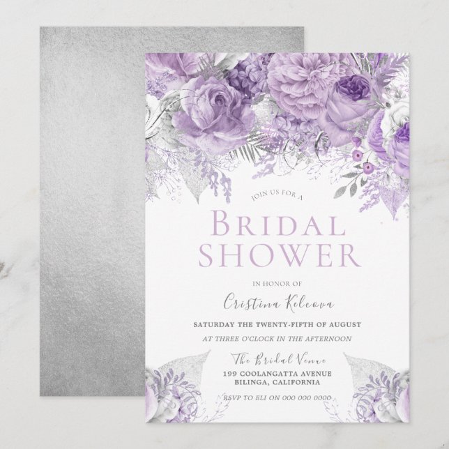 Lavender Lila Silver blommigt Möhippa Inbjudningar (Fram/baksida)