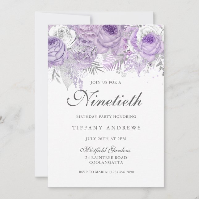 Lavender Lila Silver Flower 90:e Födelsedagsfest Inbjudningar (Framsida)