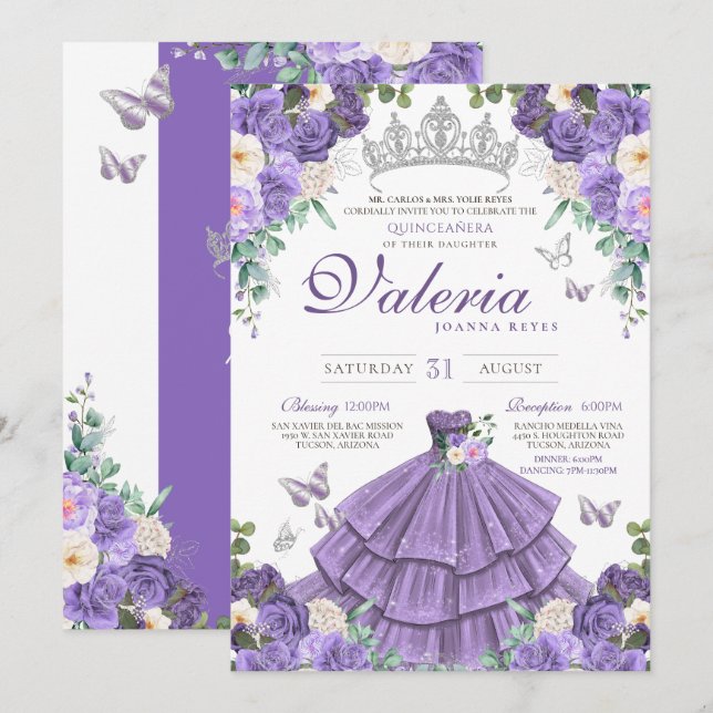 Lavender Lila Silver Ro Butterfly Quinceanera Inbjudningar (Fram/baksida)
