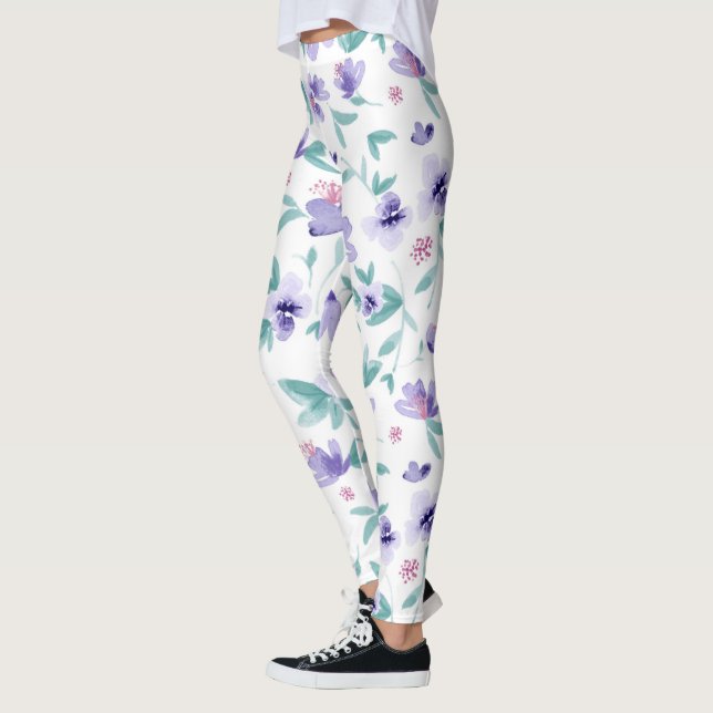 Lavender lila Söta blommor mönster Leggings (Vänster)