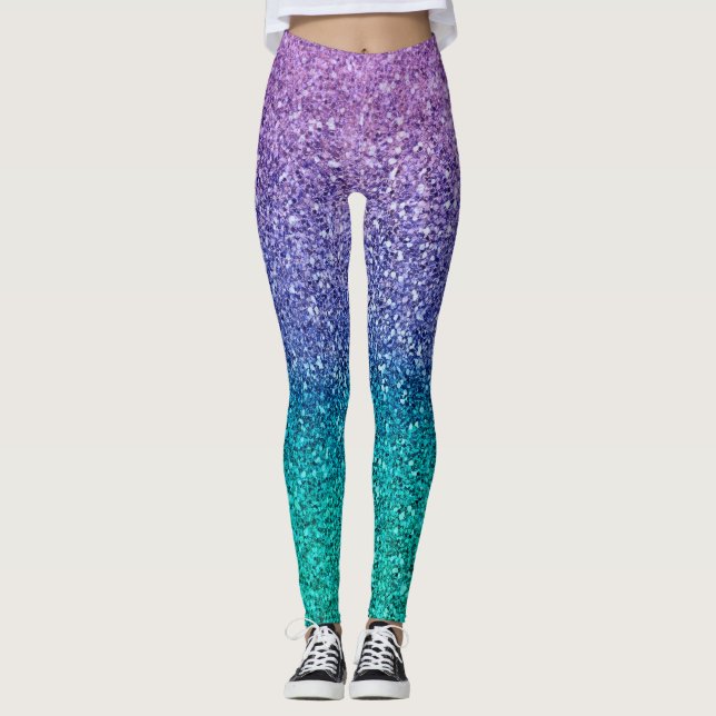 Lavender Lila & Teal Aqua Grönt Sparkly Glitter Leggings (Framsida)