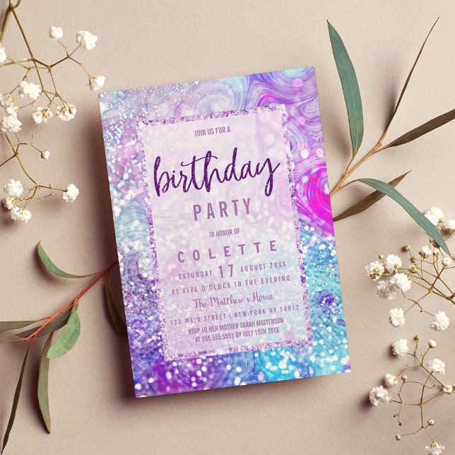 Lavender lila teal marble glitter Födelsedagsfest Inbjudningar (Lavender purple teal marble glitter Birthday Party Invitation )