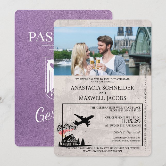 Lavender Lila Tysklanda Passport Bröllop Inbjudningar (Fram/baksida)