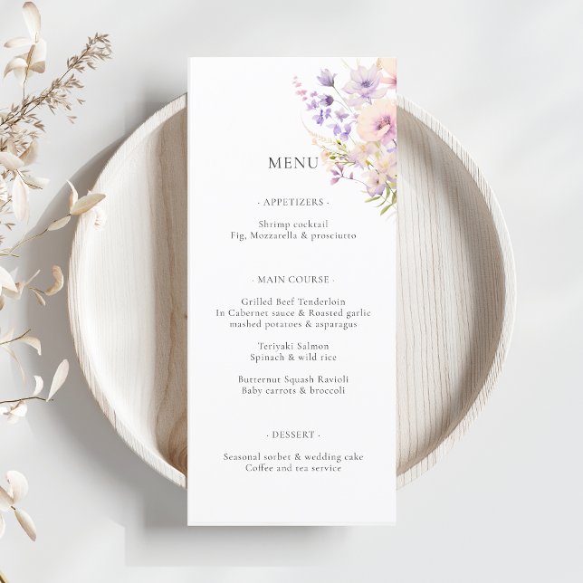 Lavender Lila Vild Flowers Bröllop Meny (Lavender Purple Wild Flowers Wedding Menu)