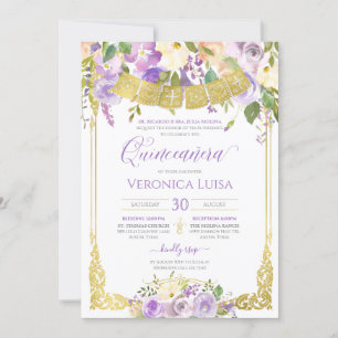 Lavender Lila Watercolor Blommigt Guld Quinceanera Inbjudningar